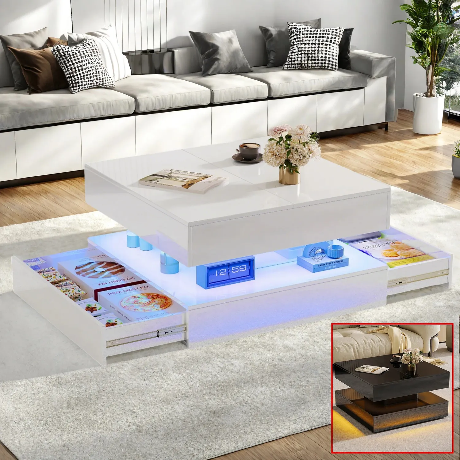 OutdoorMatch salontafel hoogglans 60x60 LED wit zwart