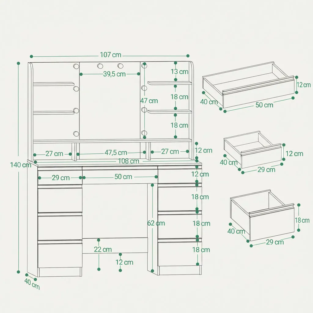 OutdoorMatch Make-uptafel wit kaptafel spiegel LED 9 laden