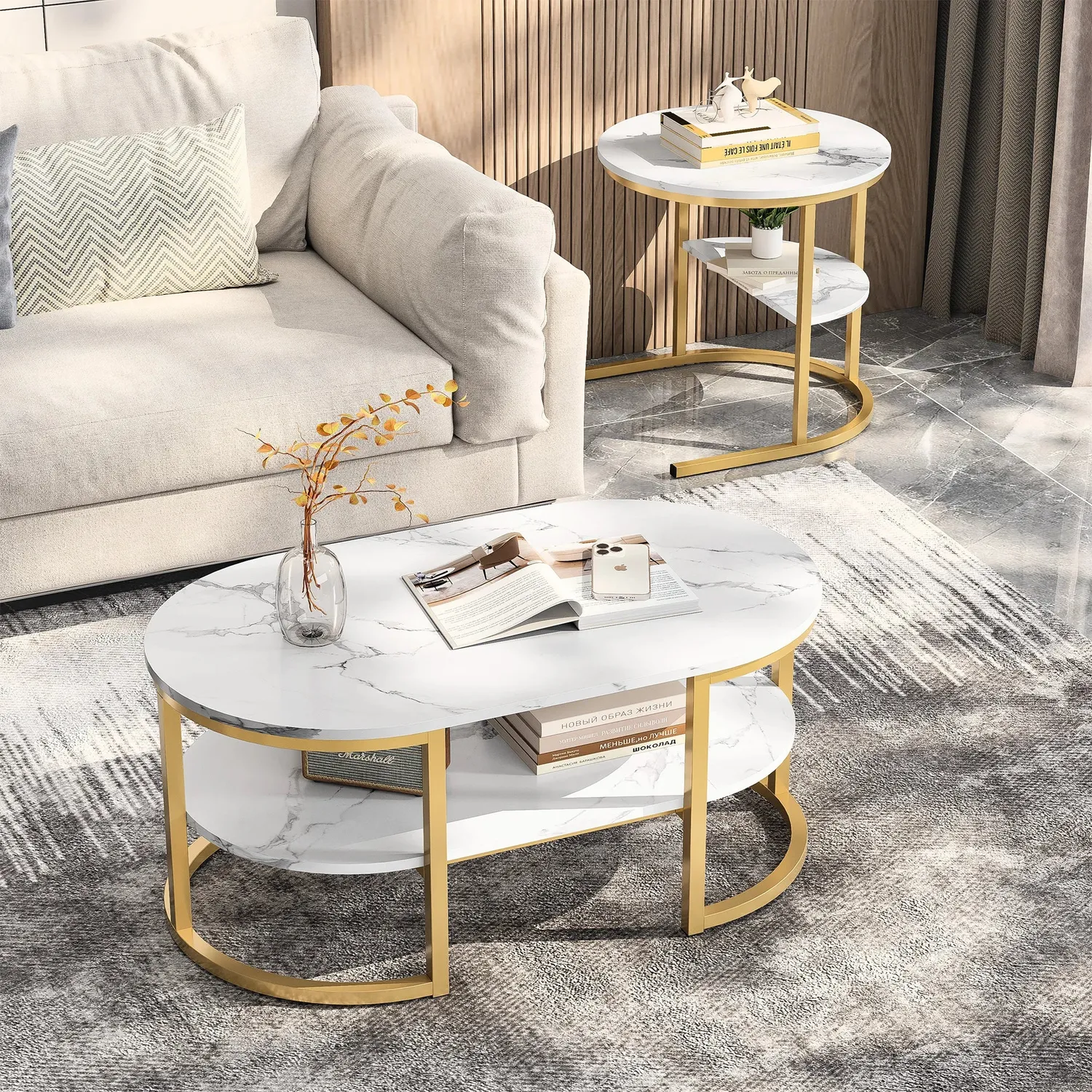 OutdoorMatch Salontafel set van 2 zwart-wit MDF metaal