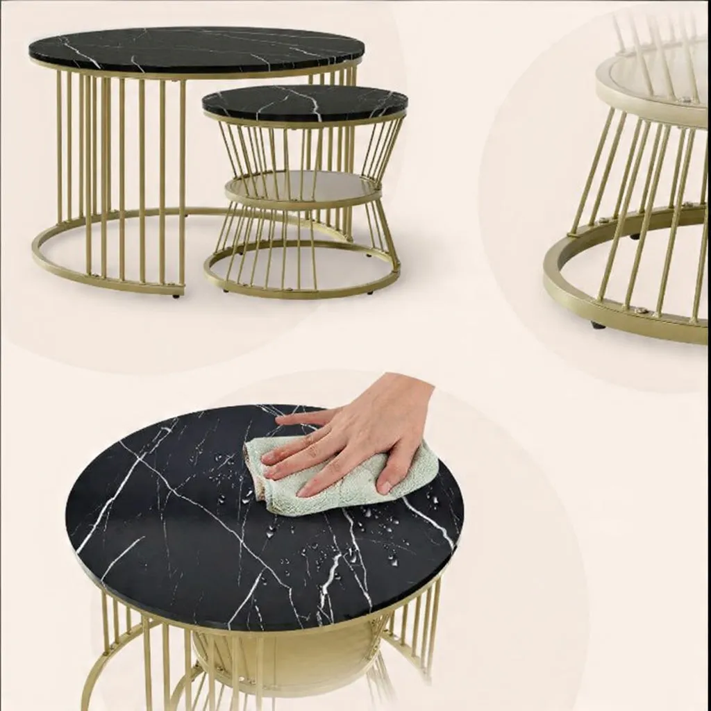 OutdoorMatch Ronde Salontafel Set 2-delig Marmerlook Zwart-Wit