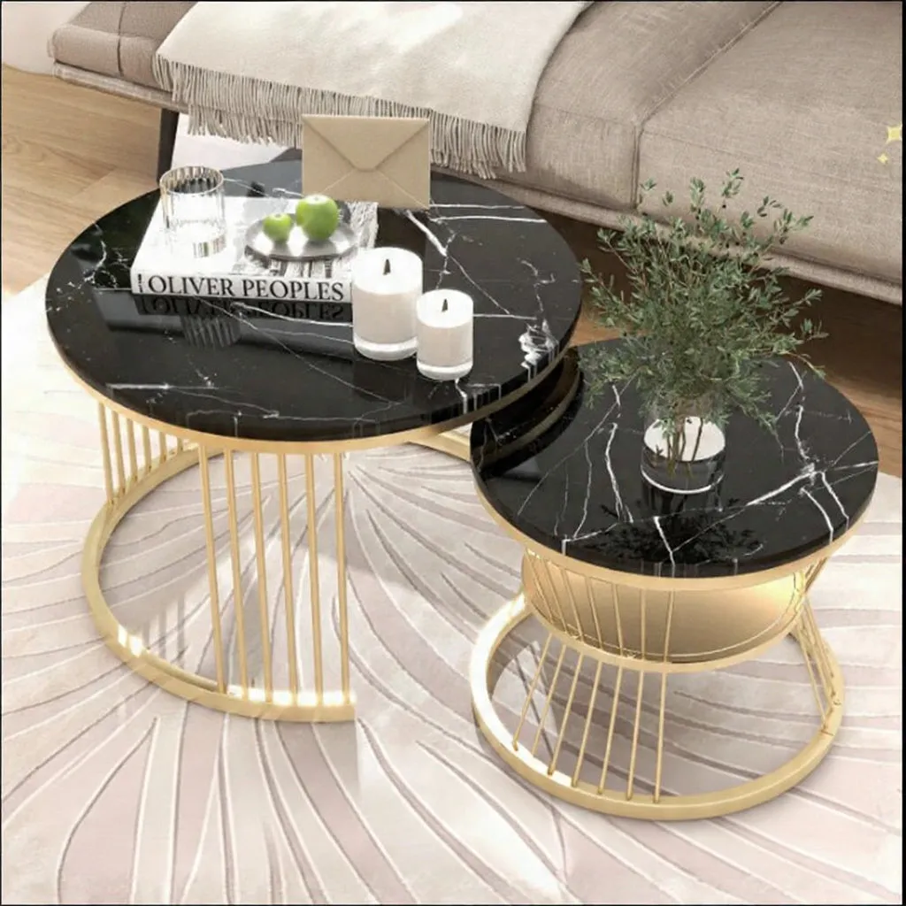 OutdoorMatch Ronde Salontafel Set 2-delig Marmerlook Zwart-Wit