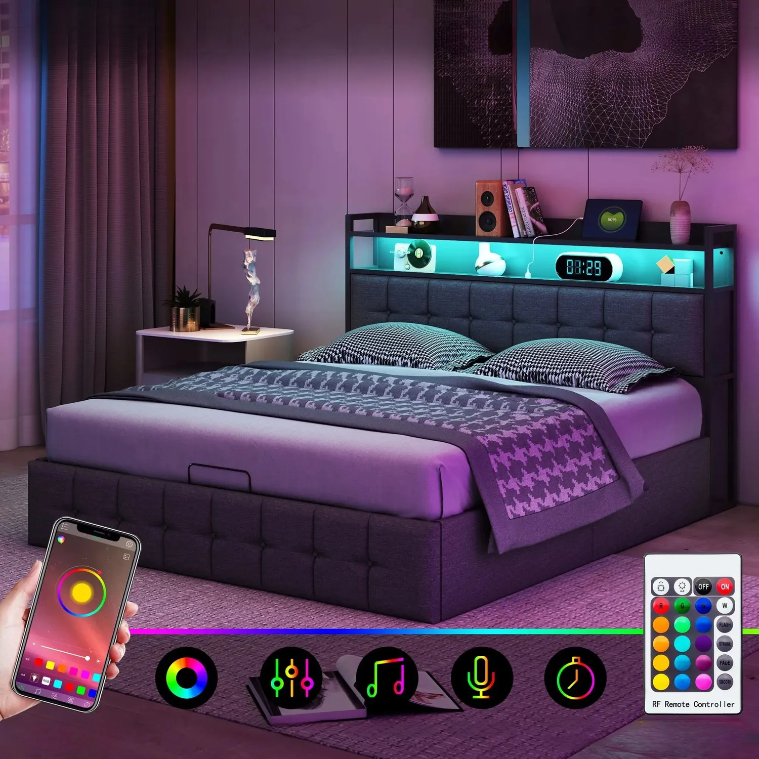 OutdoorMatch bedframe 140x190 grijs opbergruimte LED