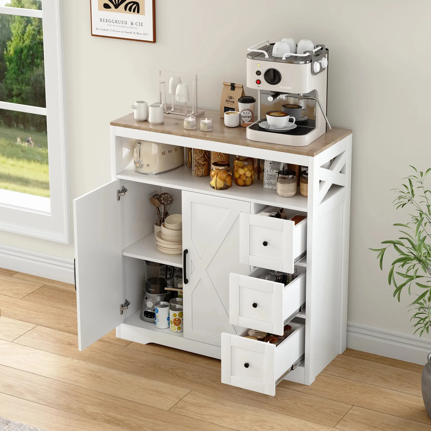 OutdoorMatch Sideboard Hout Wit 120x60x30 cm 3 Laden 2 Deuren