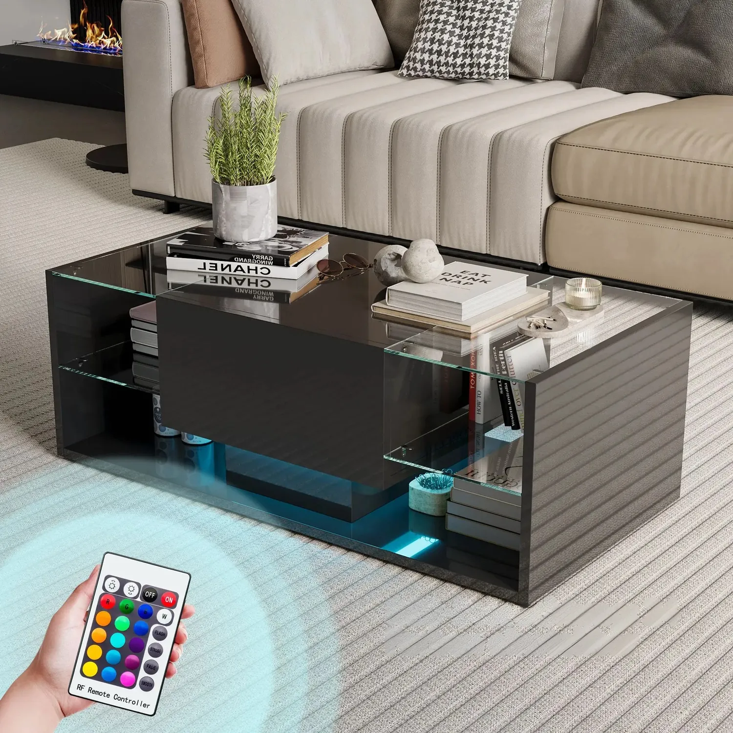 OutdoorMatch Salontafel Zwart LED Glas 100x50x35 Modern