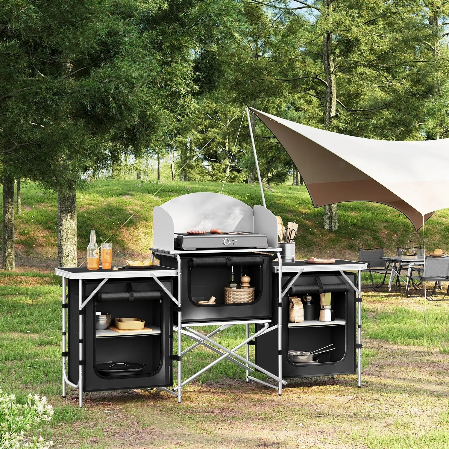 OutdoorMatch camping keukenkast zwart opvouwbaar aluminium