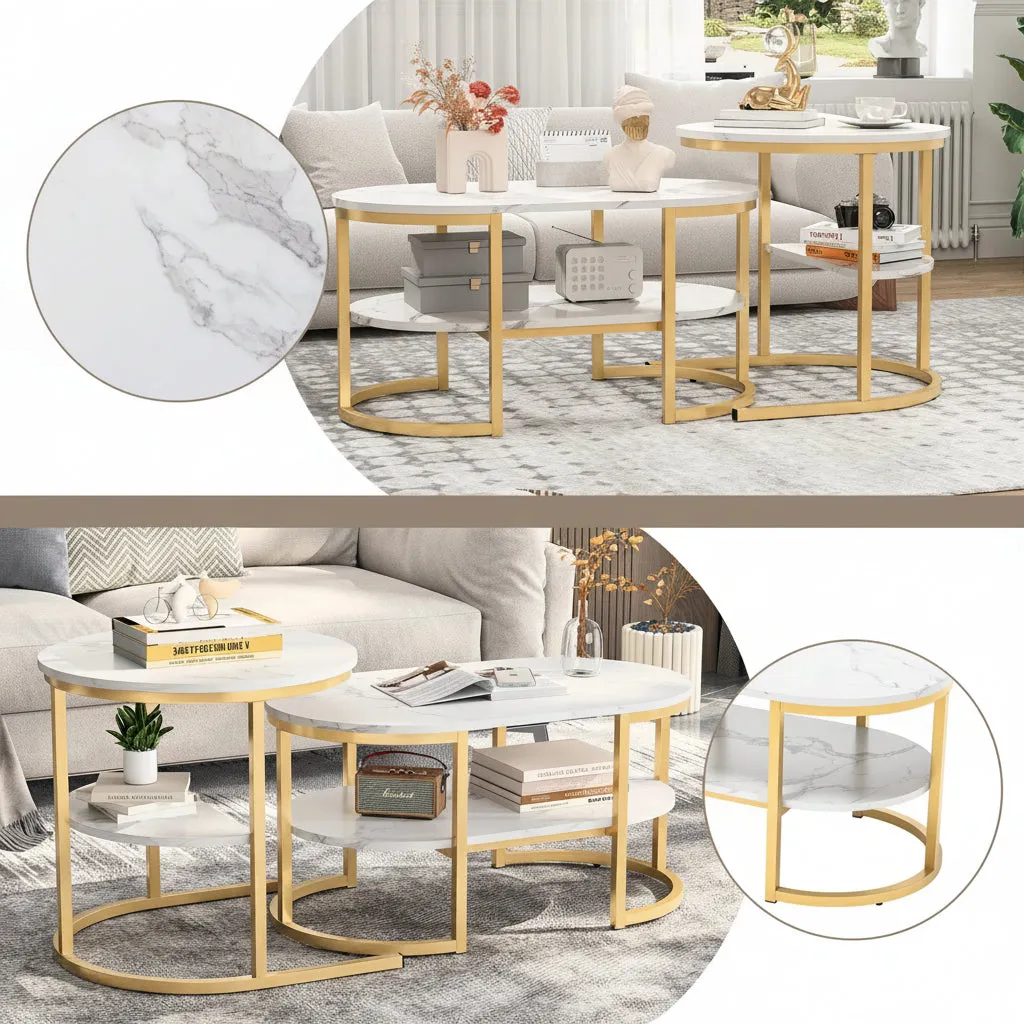 OutdoorMatch Salontafel set van 2 zwart-wit MDF metaal