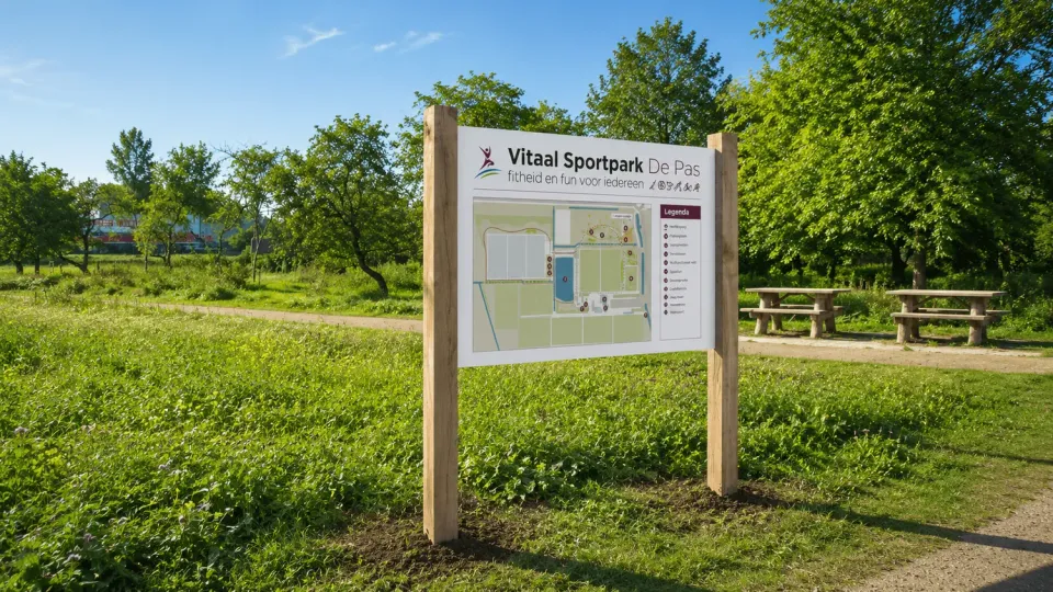 Jaap de Vries Producties Informatiebord Vitaal Sportpark eiken 2-staander