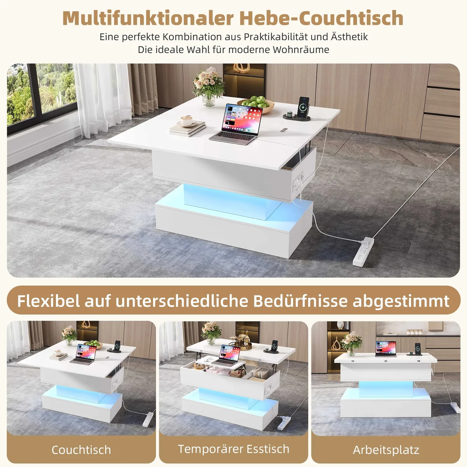 OutdoorMatch Salontafel wit 100 cm salontafel LED USB verstelbaar