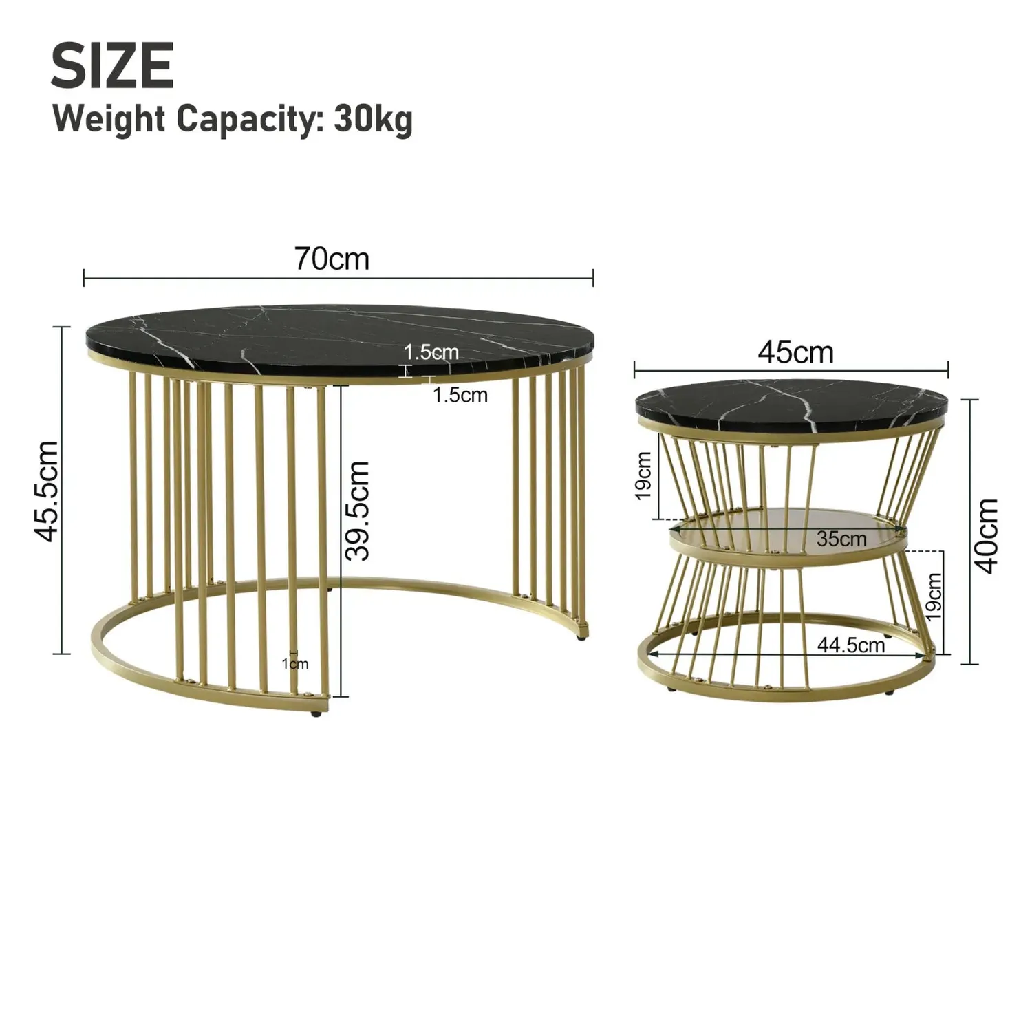 OutdoorMatch Ronde Salontafel Set 2-delig Marmerlook Zwart-Wit
