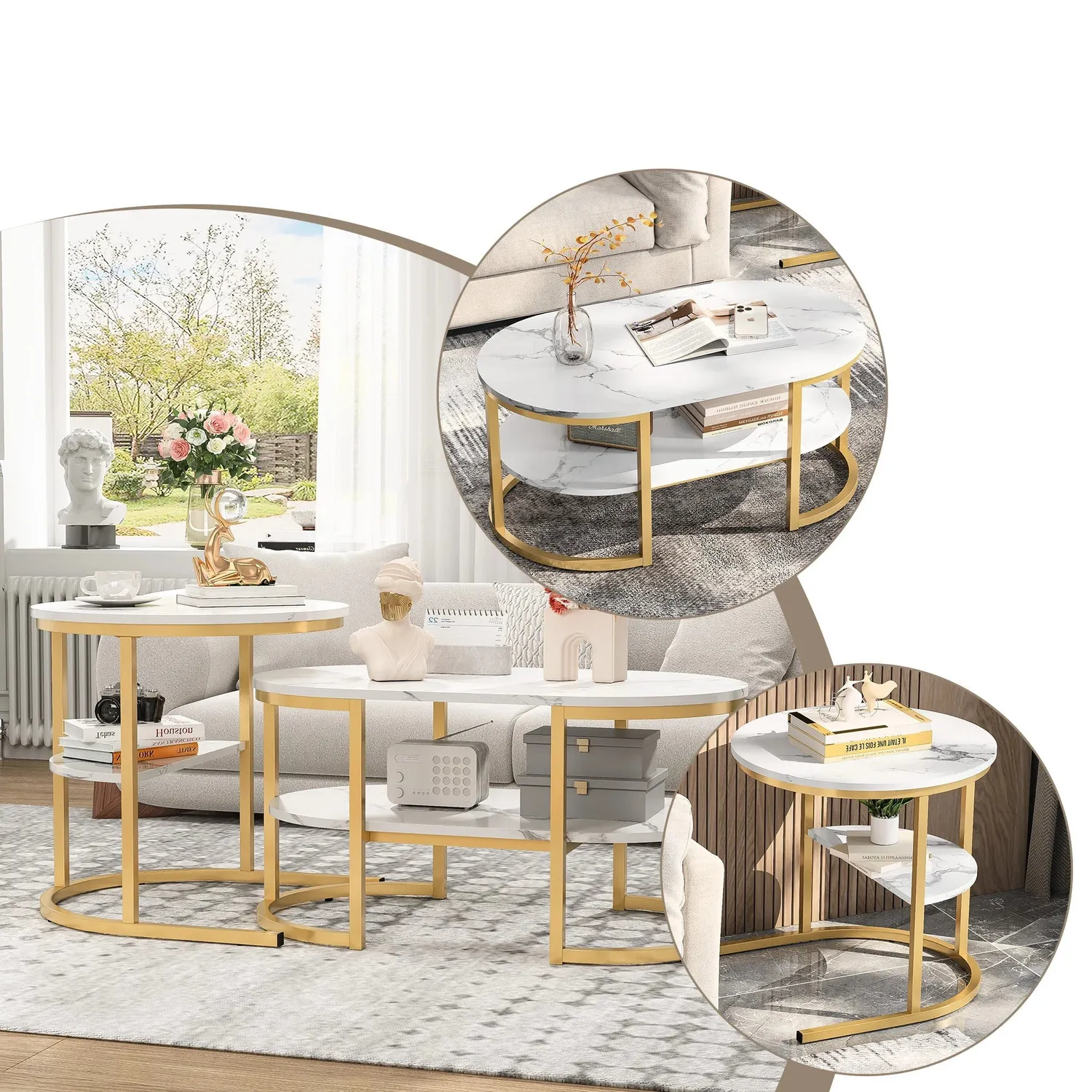 OutdoorMatch Salontafel set van 2 zwart-wit MDF metaal