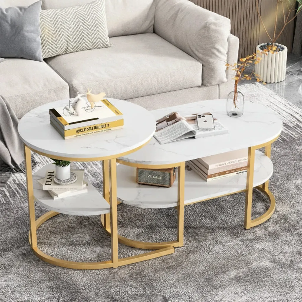 OutdoorMatch Salontafel set van 2 zwart-wit MDF metaal