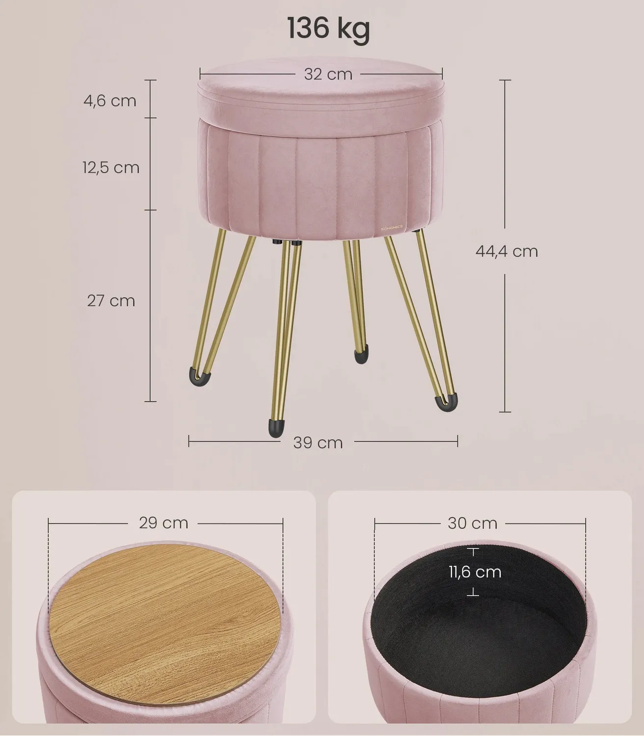 OutdoorMatch Opbergpoef Velvet Roze 30x30 cm