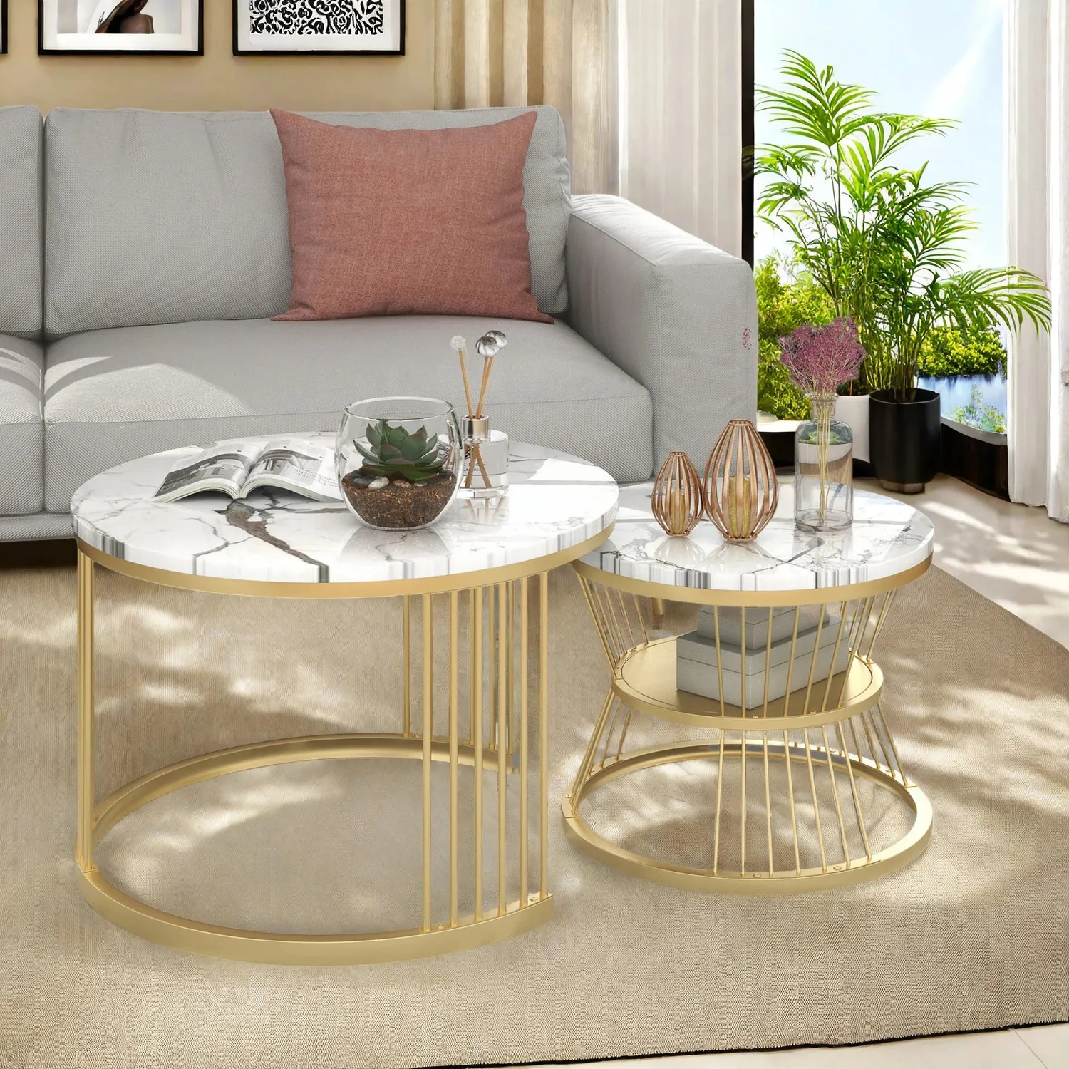OutdoorMatch Salontafel Set Rond Wit Goud Marmerlook