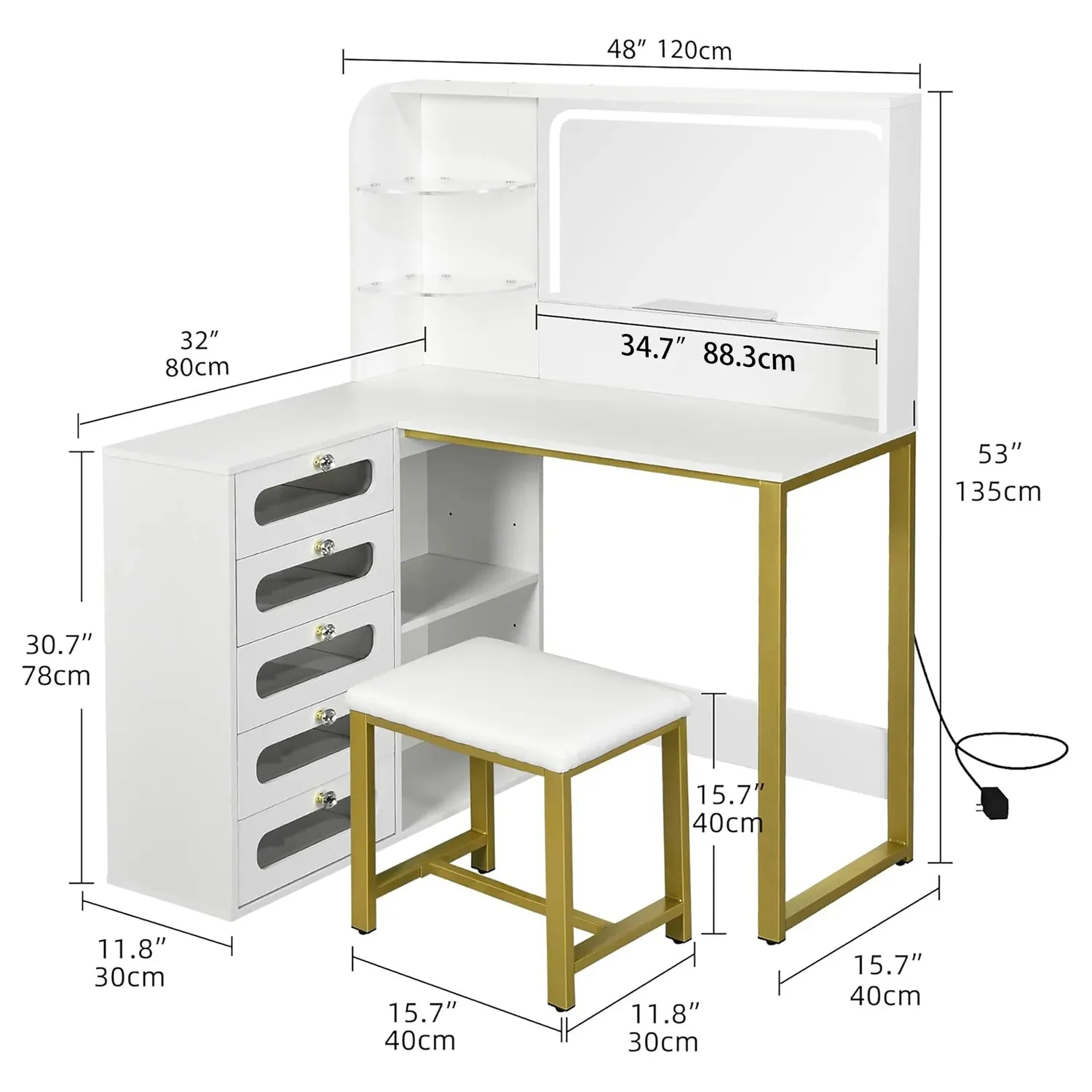 OutdoorMatch Kaptafel L-vorm Hout met Spiegel LED 5 Laden Kruk