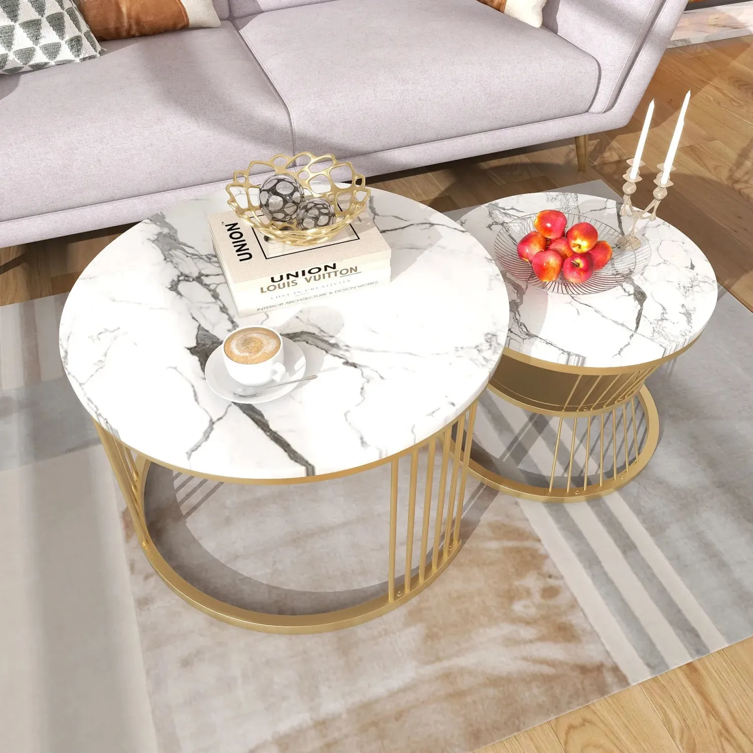 OutdoorMatch Salontafel Set Rond Wit Goud Marmerlook