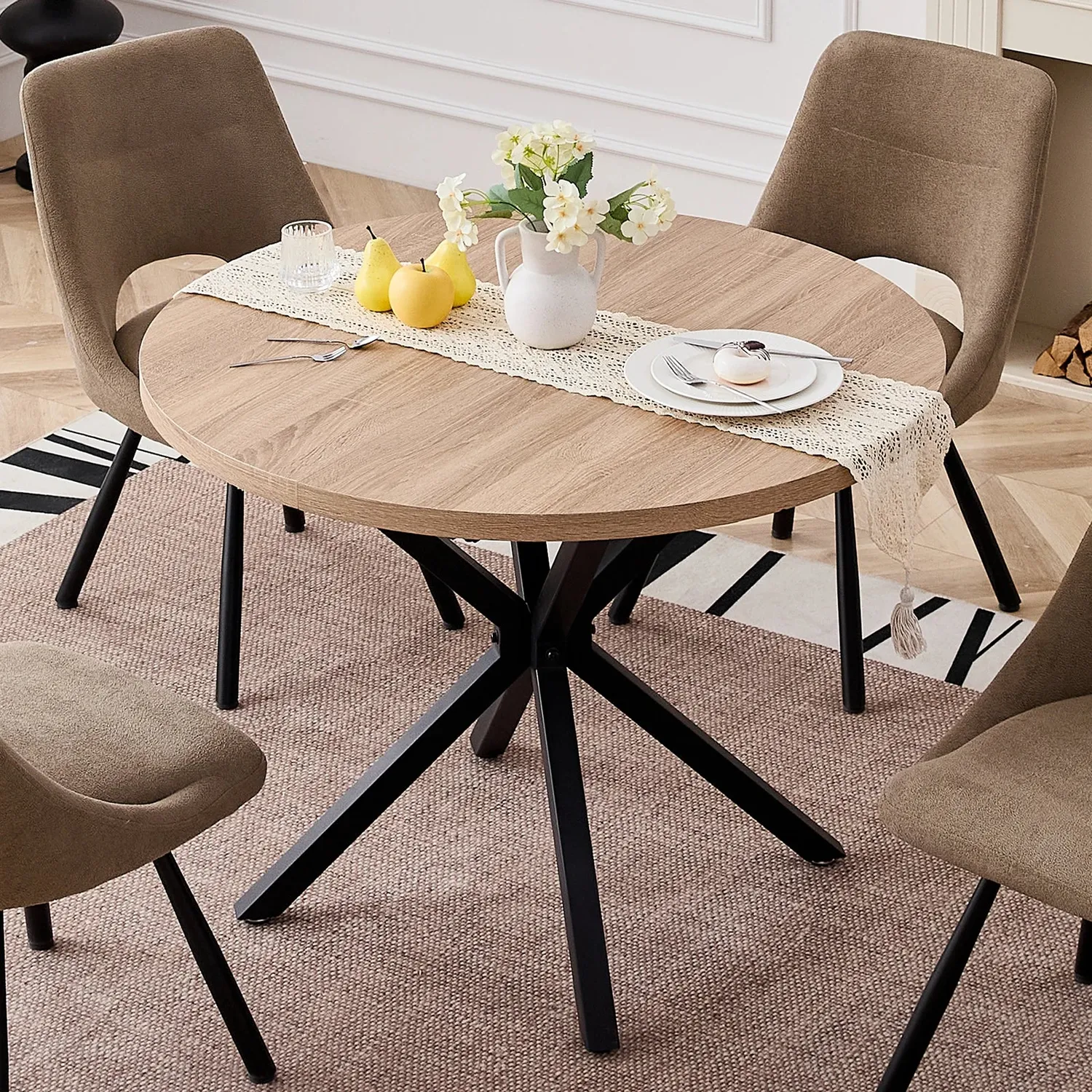 OutdoorMatch Ronde Tafel 110 cm Licht Hout met Metaal