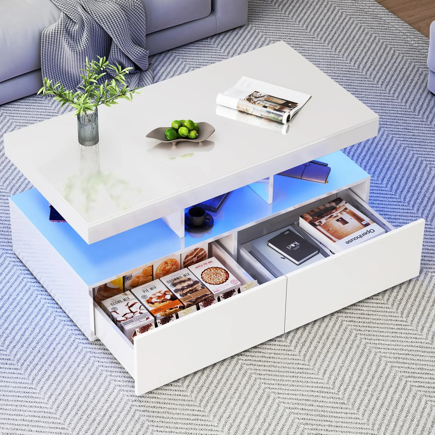 OutdoorMatch Salontafel met LED Wit 104 cm 2 Laden