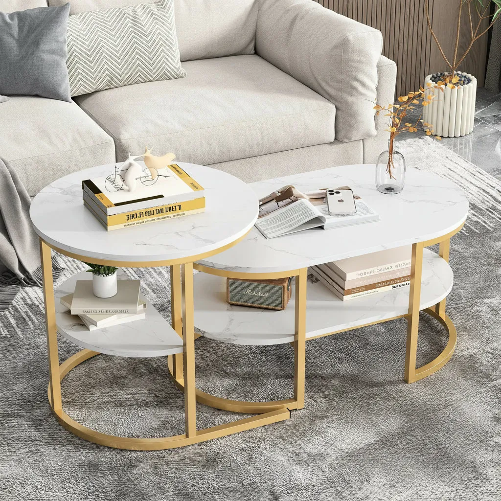 OutdoorMatch Salontafel set van 2 zwart-wit MDF metaal