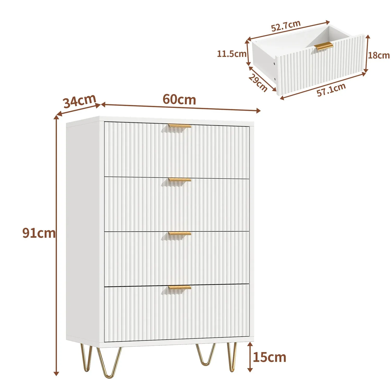 OutdoorMatch Commode 60x34 Wit 4 Laden Goud