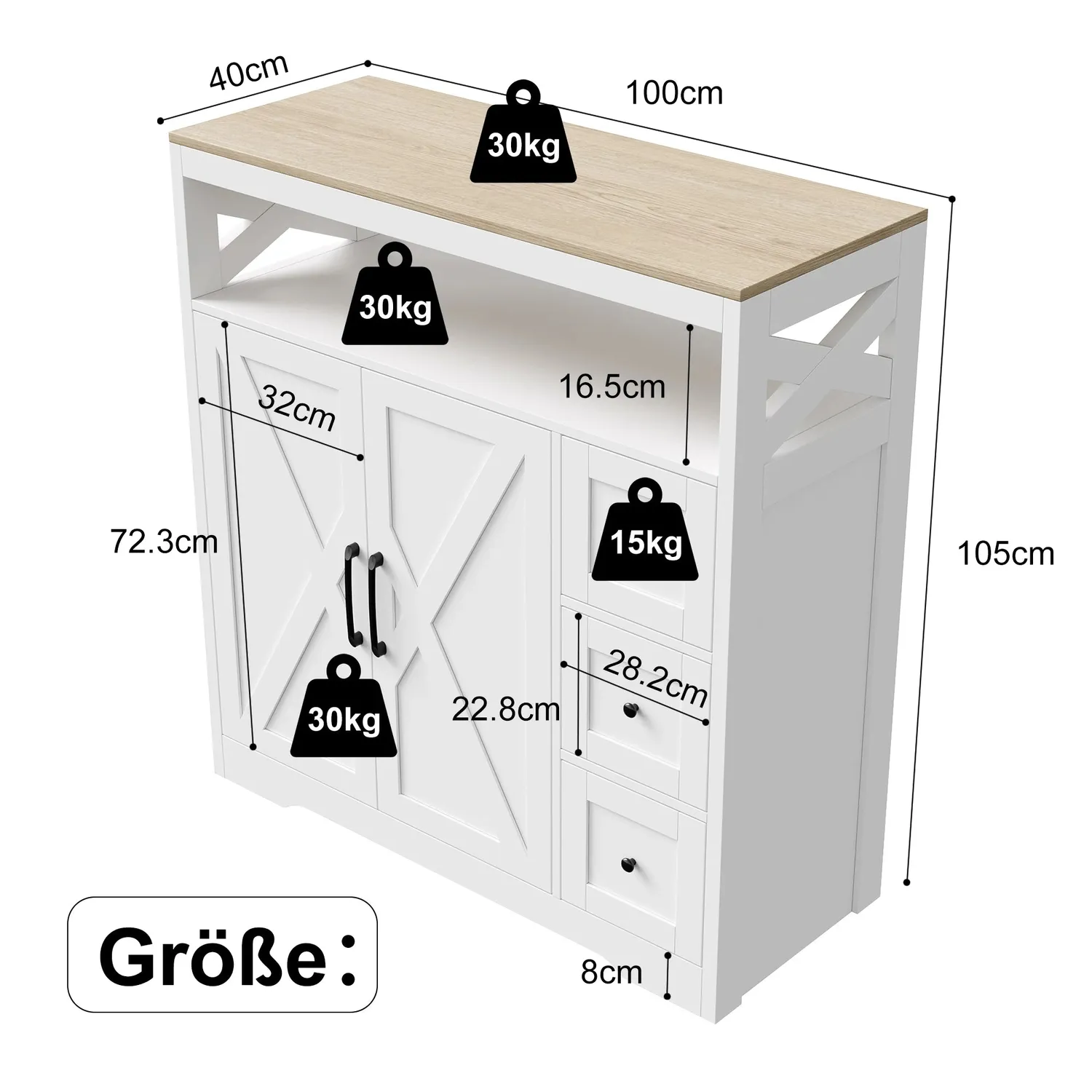 OutdoorMatch Sideboard Hout Wit 120x60x30 cm 3 Laden 2 Deuren