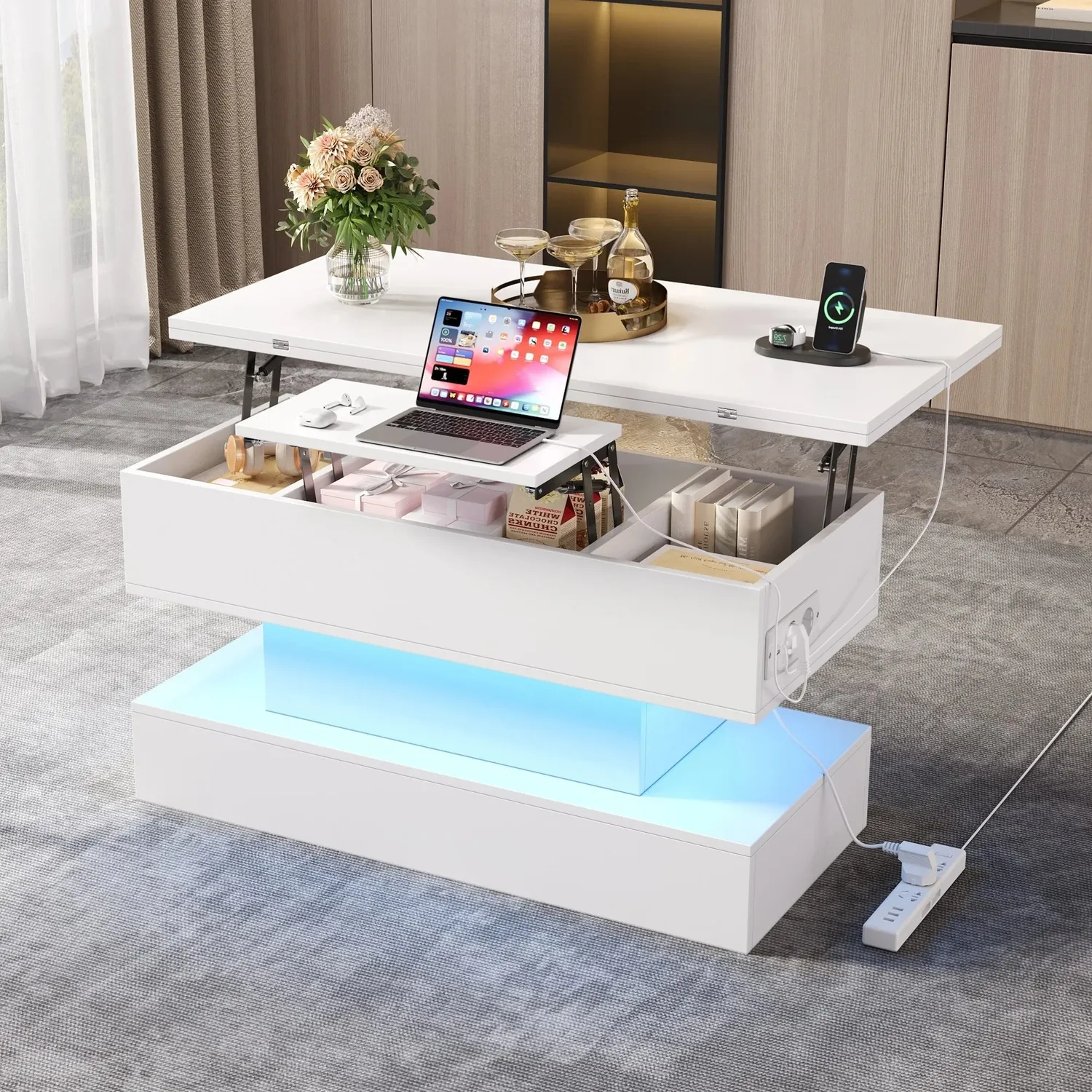 OutdoorMatch Salontafel wit 100 cm salontafel LED USB verstelbaar