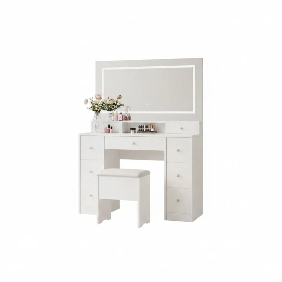 OutdoorMatch Make-up Tafel Wit LED 9 Laden met Kruk 110 cm