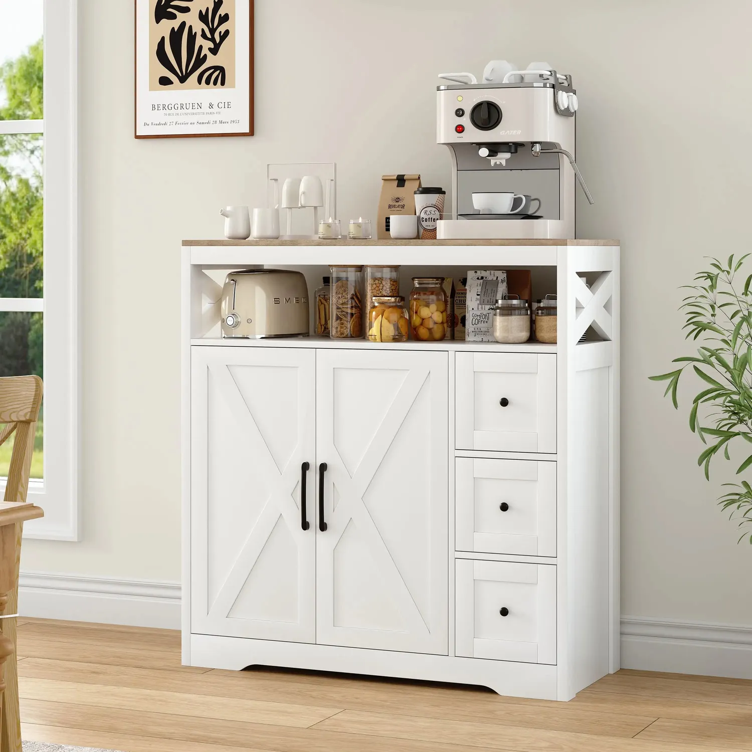 OutdoorMatch Sideboard Hout Wit 120x60x30 cm 3 Laden 2 Deuren