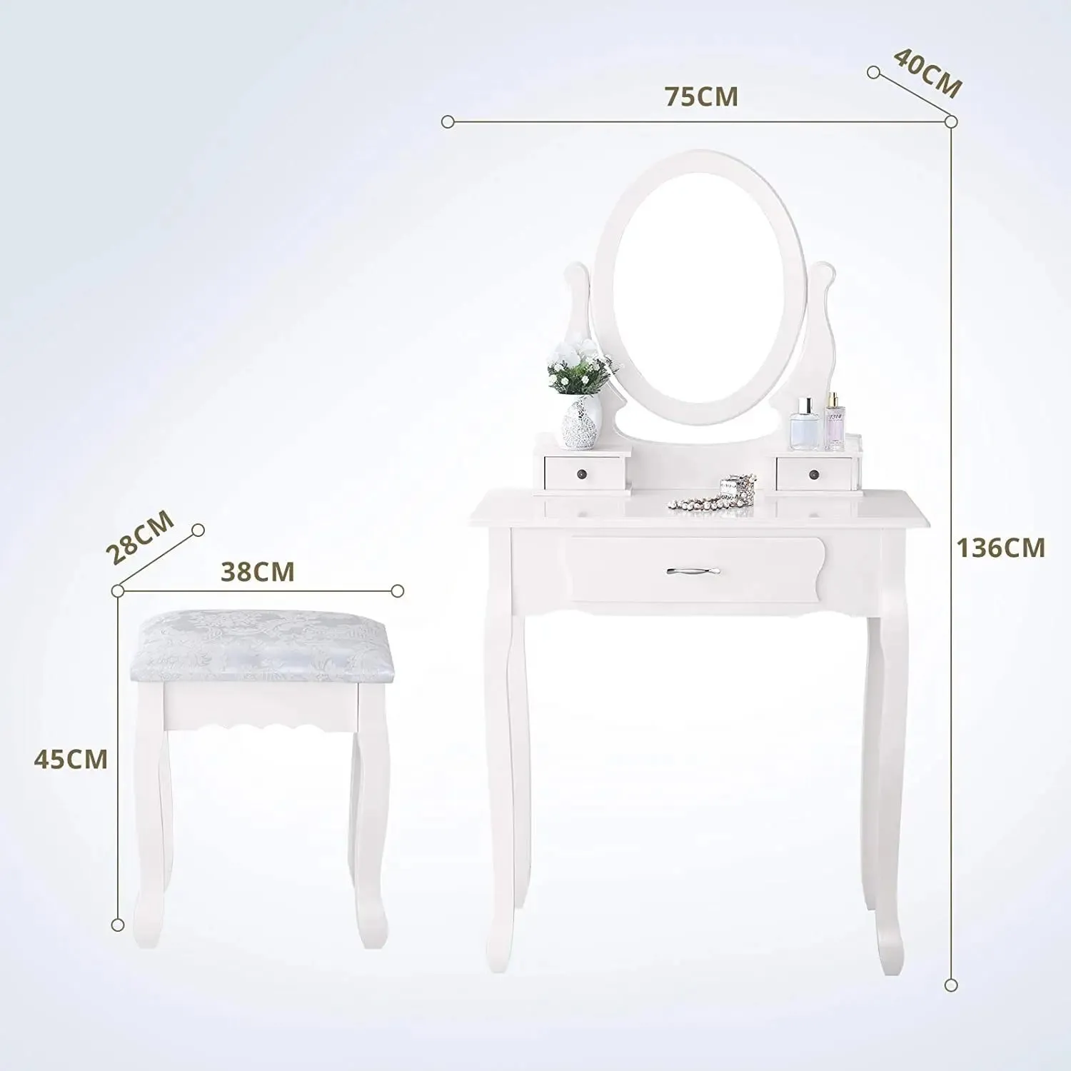OutdoorMatch Make-up Tafel Wit Spiegel Stoel 3 Laden
