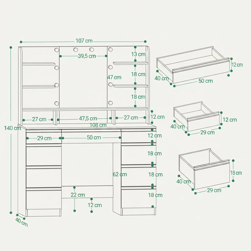 OutdoorMatch Make-uptafel Zilver Spiegel 10 LED 9 Laden