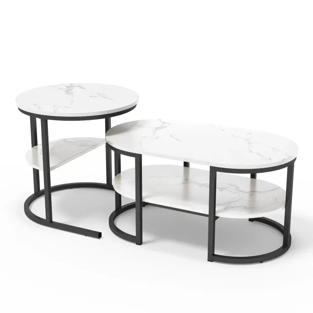 OutdoorMatch Salontafel set van 2 zwart-wit MDF metaal