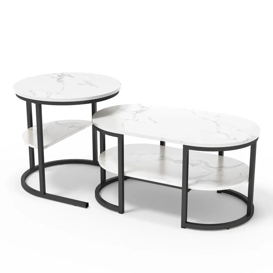 OutdoorMatch Salontafel set van 2 zwart-wit MDF metaal
