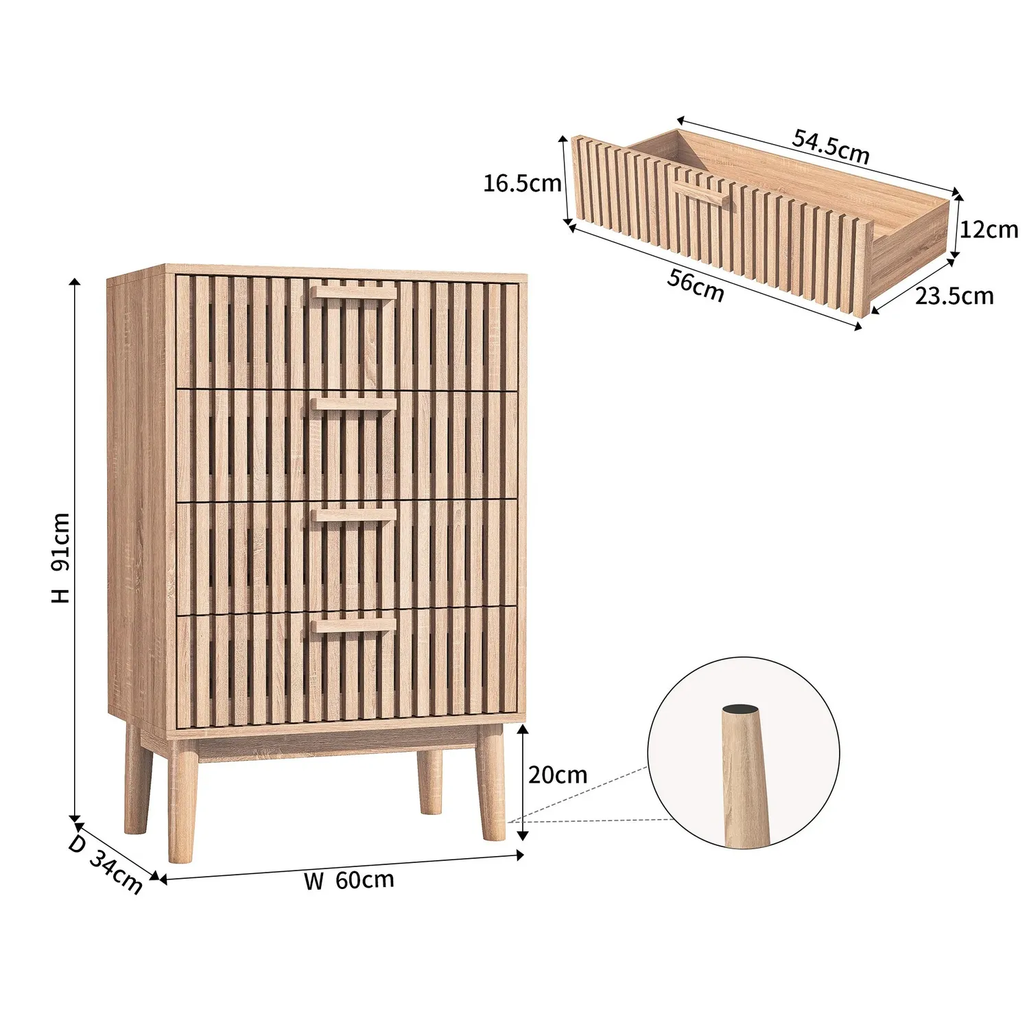 OutdoorMatch Dressoir 4 Lades Natuurlijk hout 91 cm hoog