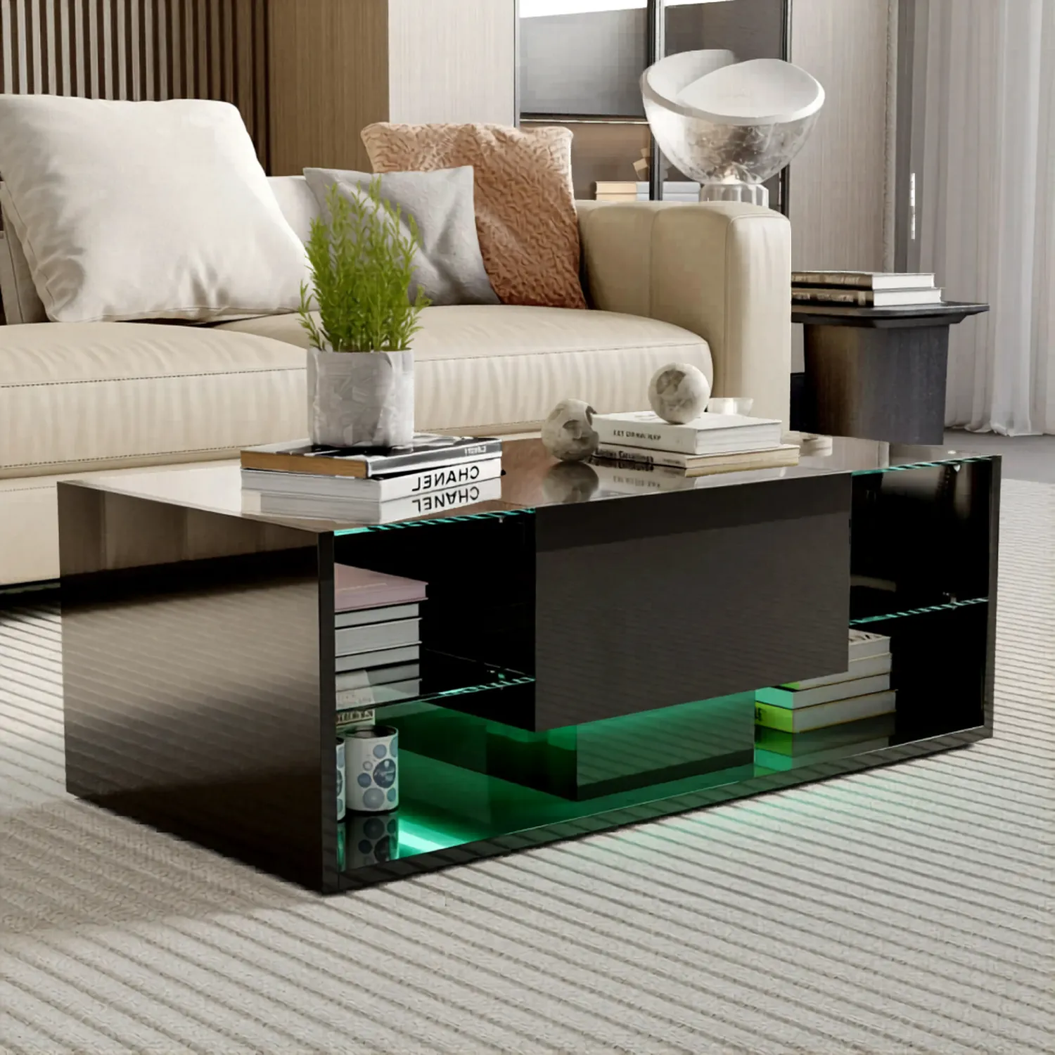 OutdoorMatch Salontafel Zwart LED Glas 100x50x35 Modern