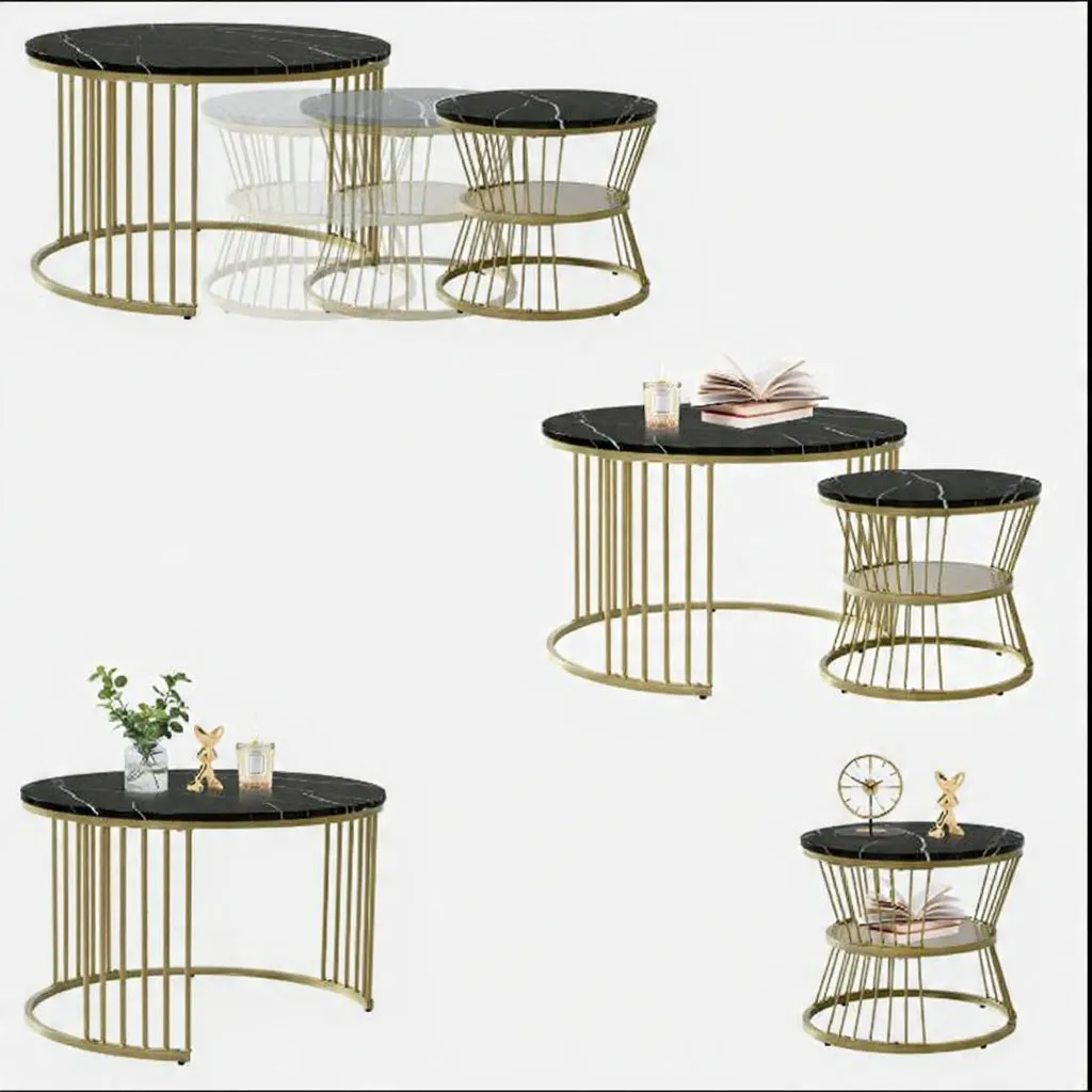 OutdoorMatch Ronde Salontafel Set 2-delig Marmerlook Zwart-Wit
