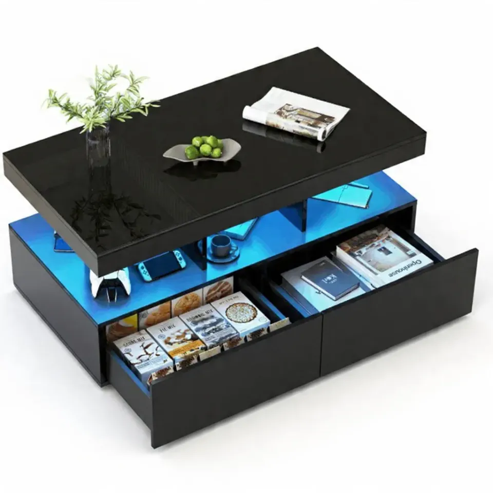 And OutdoorMatch Salontafel Hout LED 2 Laden 104 cm Zwart