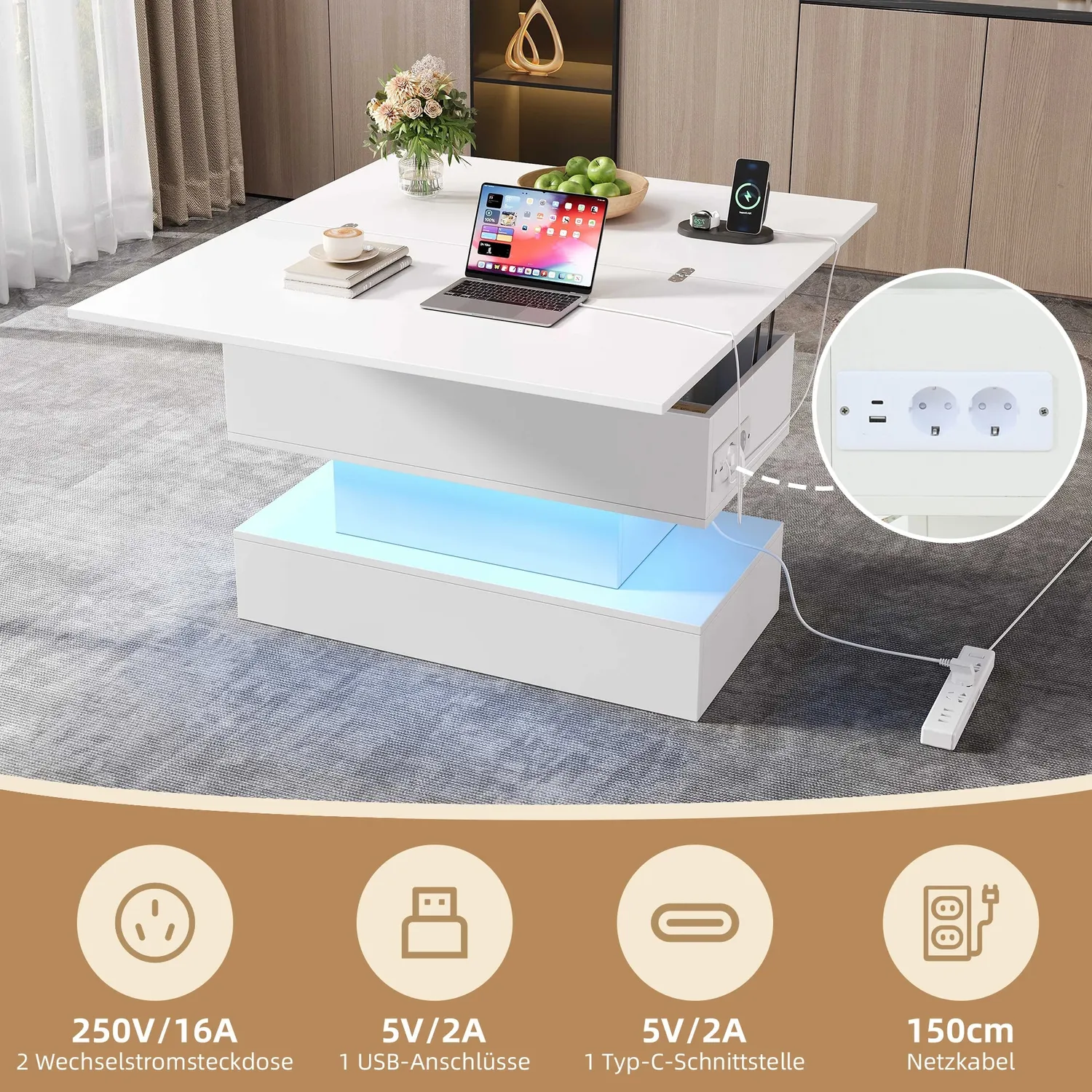 OutdoorMatch Salontafel wit 100 cm salontafel LED USB verstelbaar