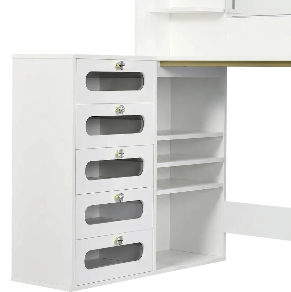 OutdoorMatch Kaptafel L-vorm Hout met Spiegel LED 5 Laden Kruk