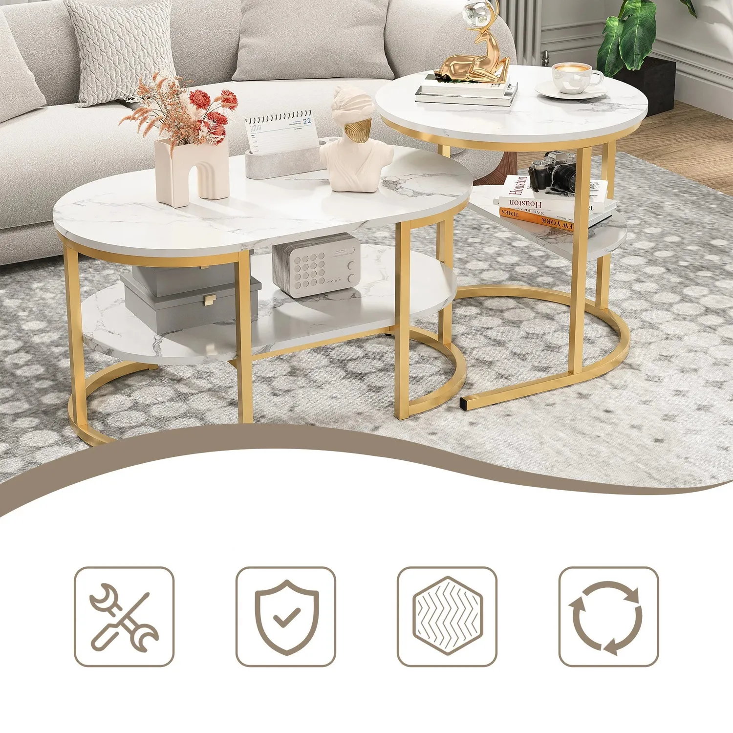 OutdoorMatch Salontafel set van 2 zwart-wit MDF metaal