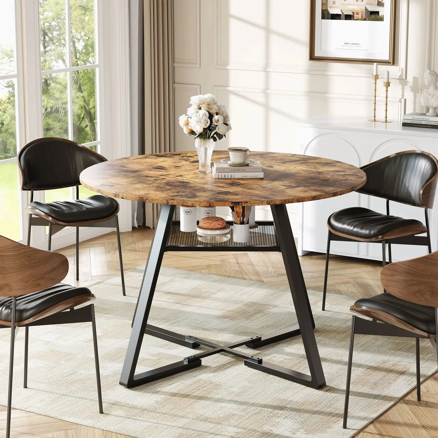 OutdoorMatch Eettafel Rond 120 cm Houtlook Zwart 4-6 Pers