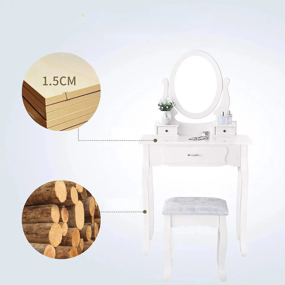 OutdoorMatch Make-up Tafel Wit Spiegel Stoel 3 Laden