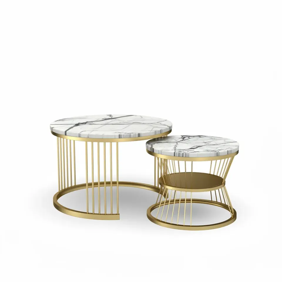 OutdoorMatch Salontafel Set Rond Wit Goud Marmerlook