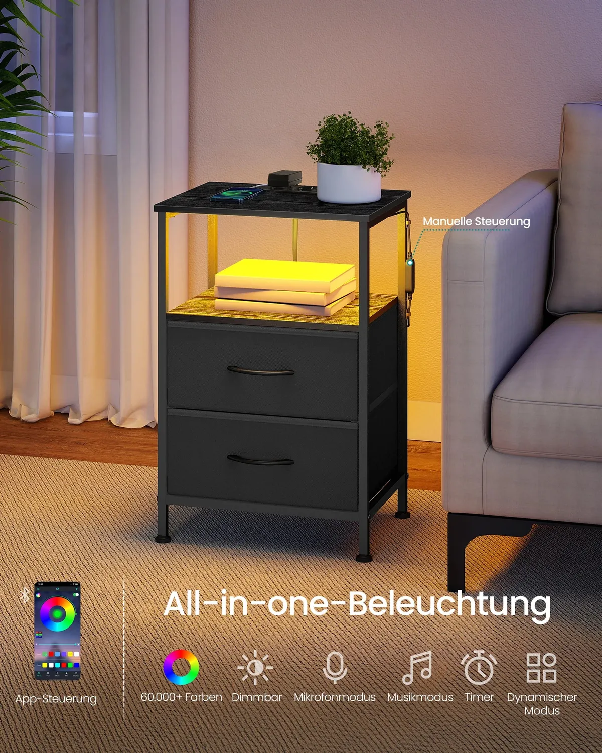 OutdoorMatch Nachtkastje LED Nachtkastje Zwart 2 Laden met USB
