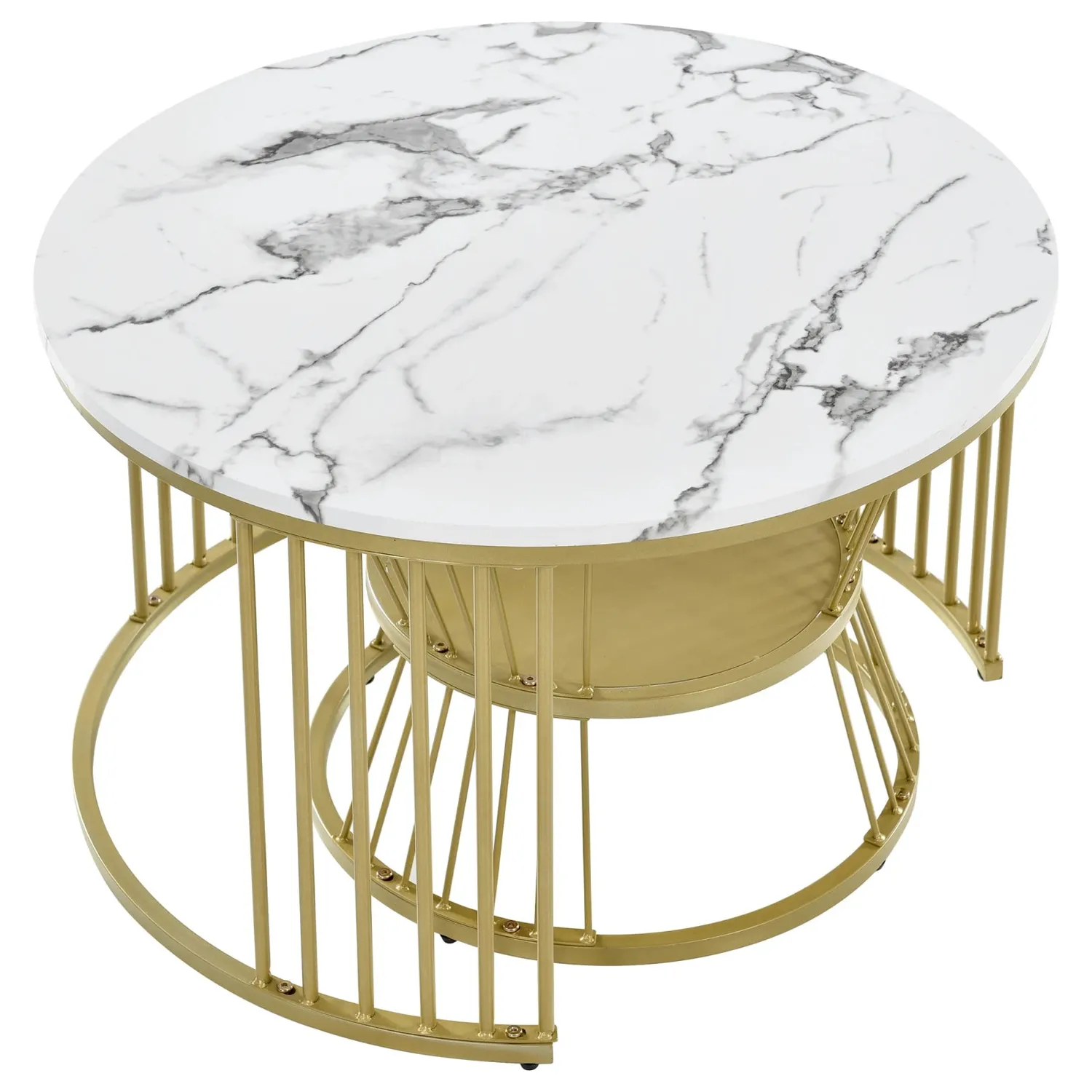 OutdoorMatch Salontafel Set Rond Wit Goud Marmerlook