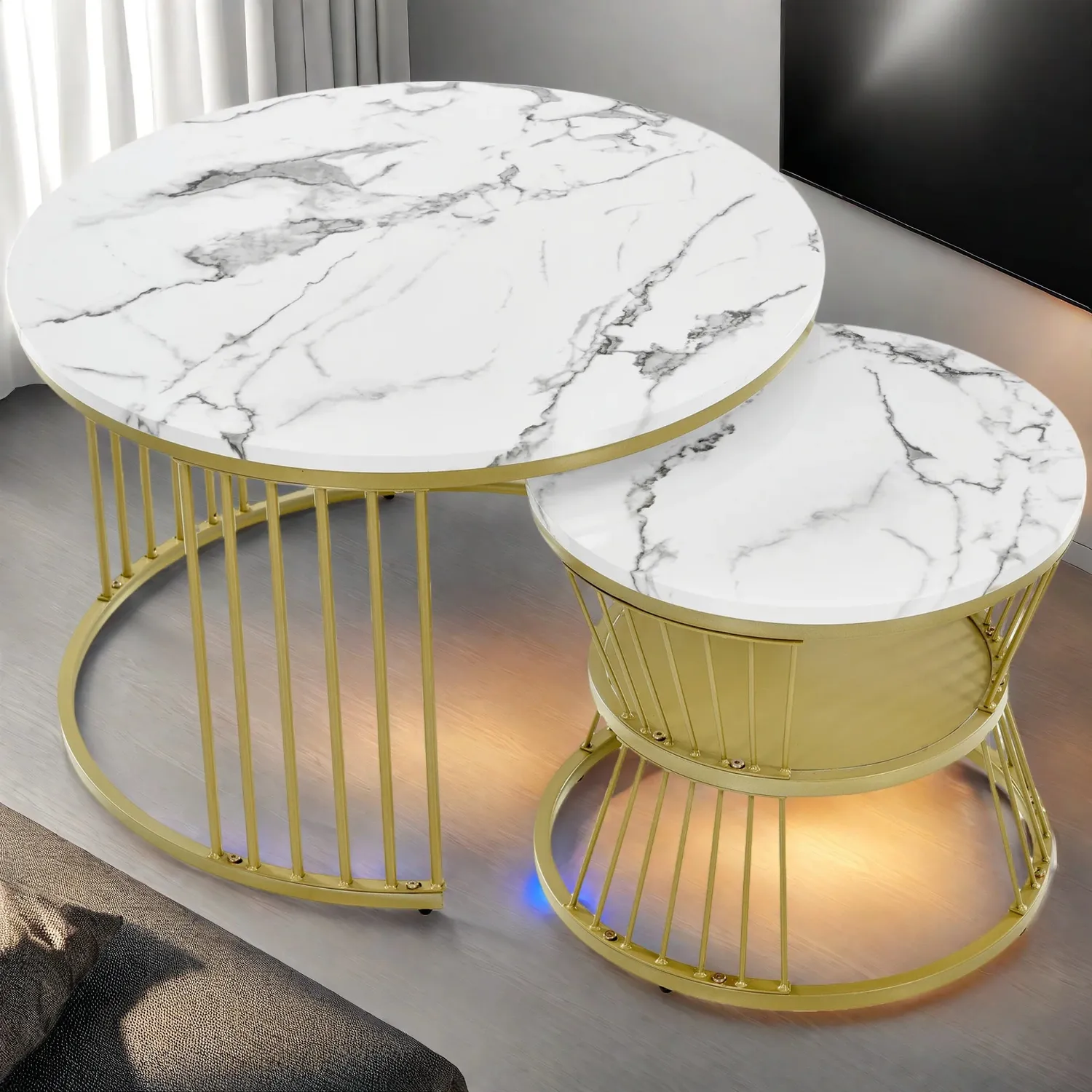 OutdoorMatch Salontafel Set Rond Wit Goud Marmerlook