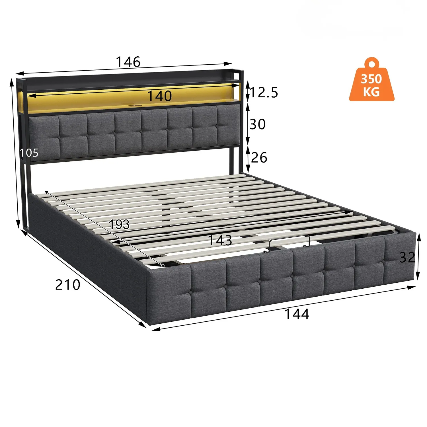 OutdoorMatch bedframe 140x190 grijs opbergruimte LED