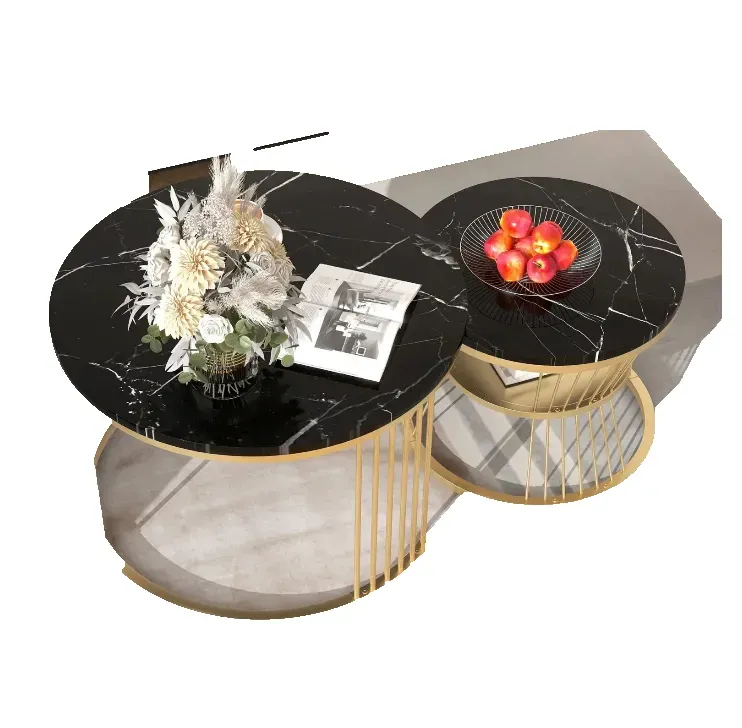OutdoorMatch Ronde Salontafel Set 2-delig Marmerlook Zwart-Wit