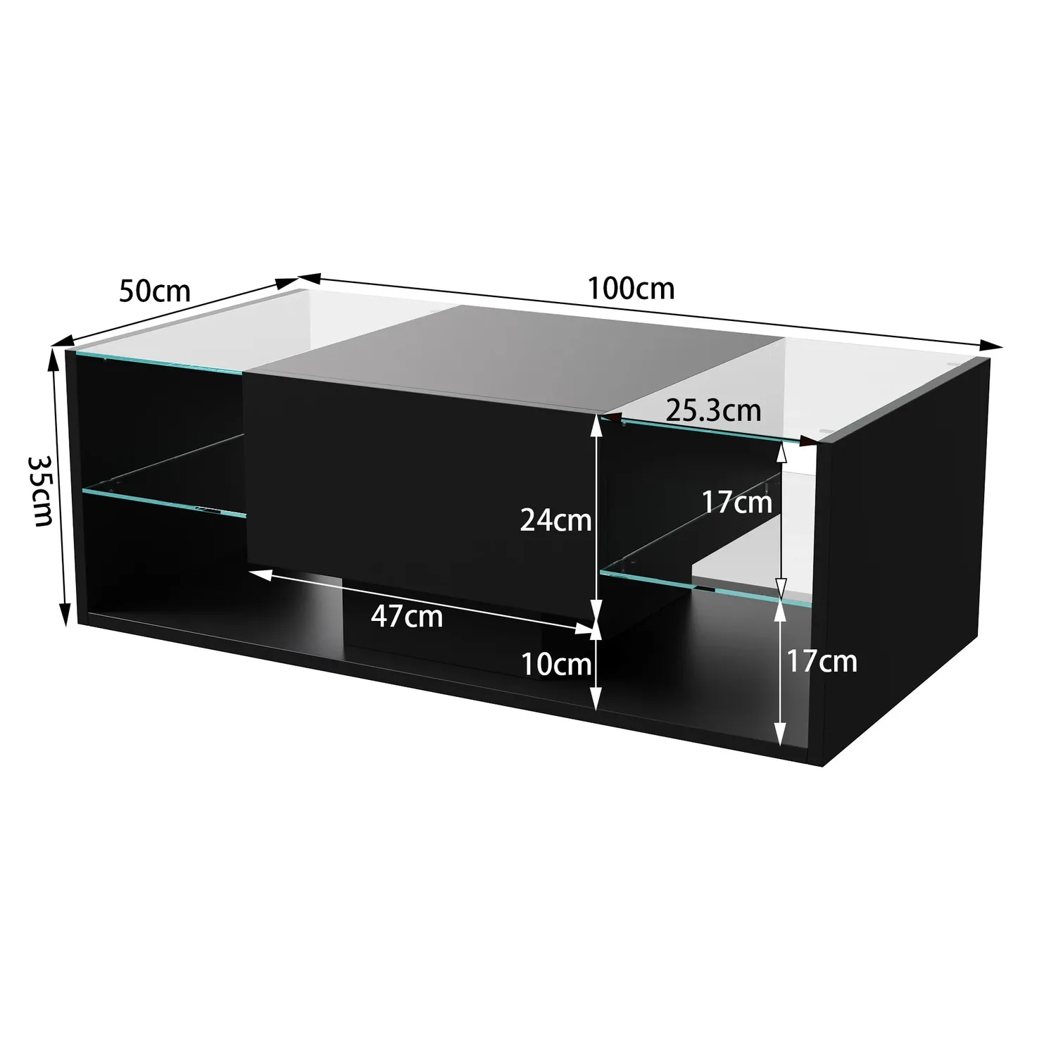 OutdoorMatch Salontafel Zwart LED Glas 100x50x35 Modern
