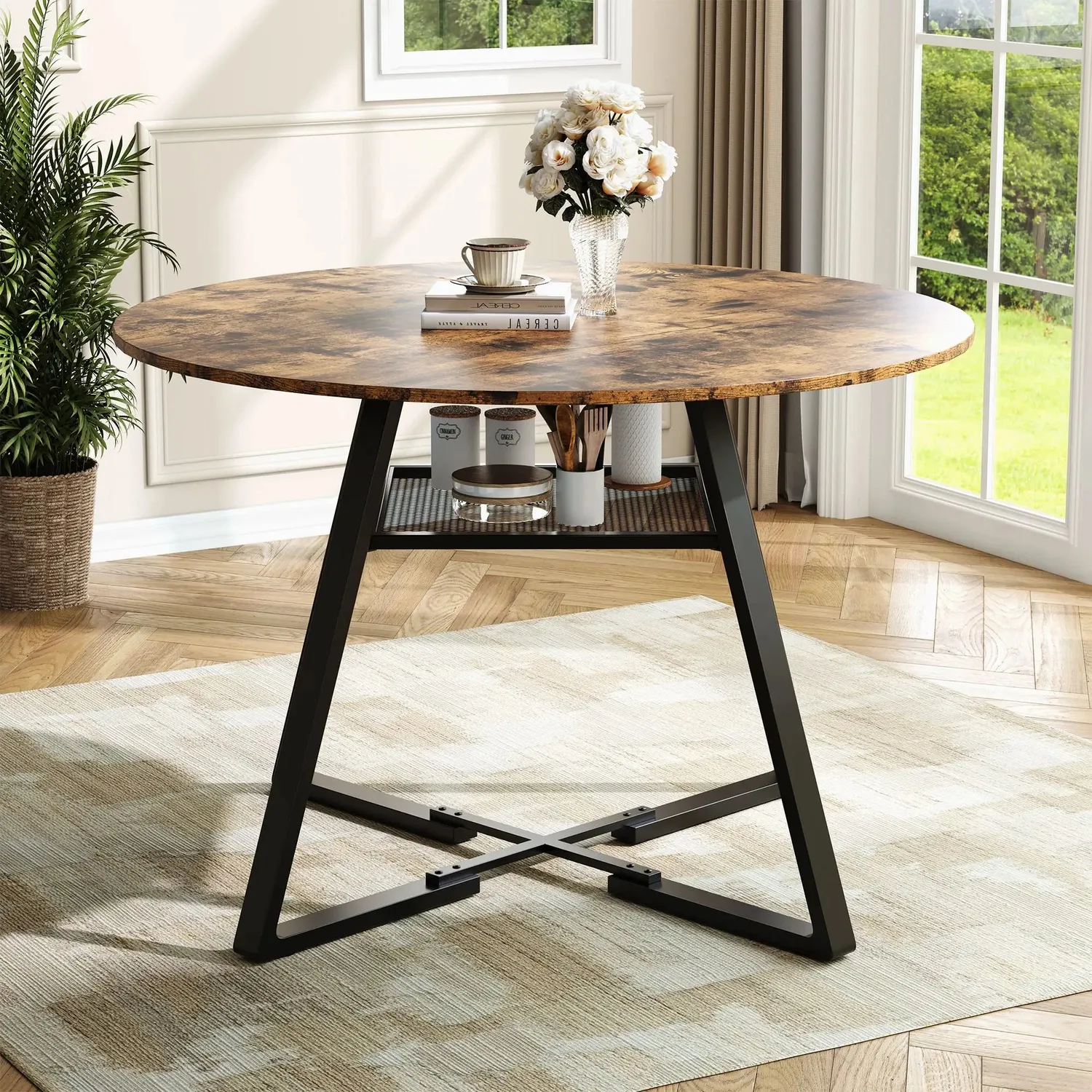 OutdoorMatch Eettafel Rond 120 cm Houtlook Zwart 4-6 Pers