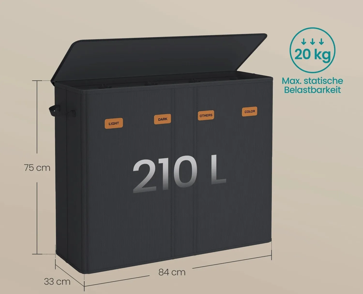 OutdoorMatch Wasmand 4 Vakken 210L Zwart met Deksel