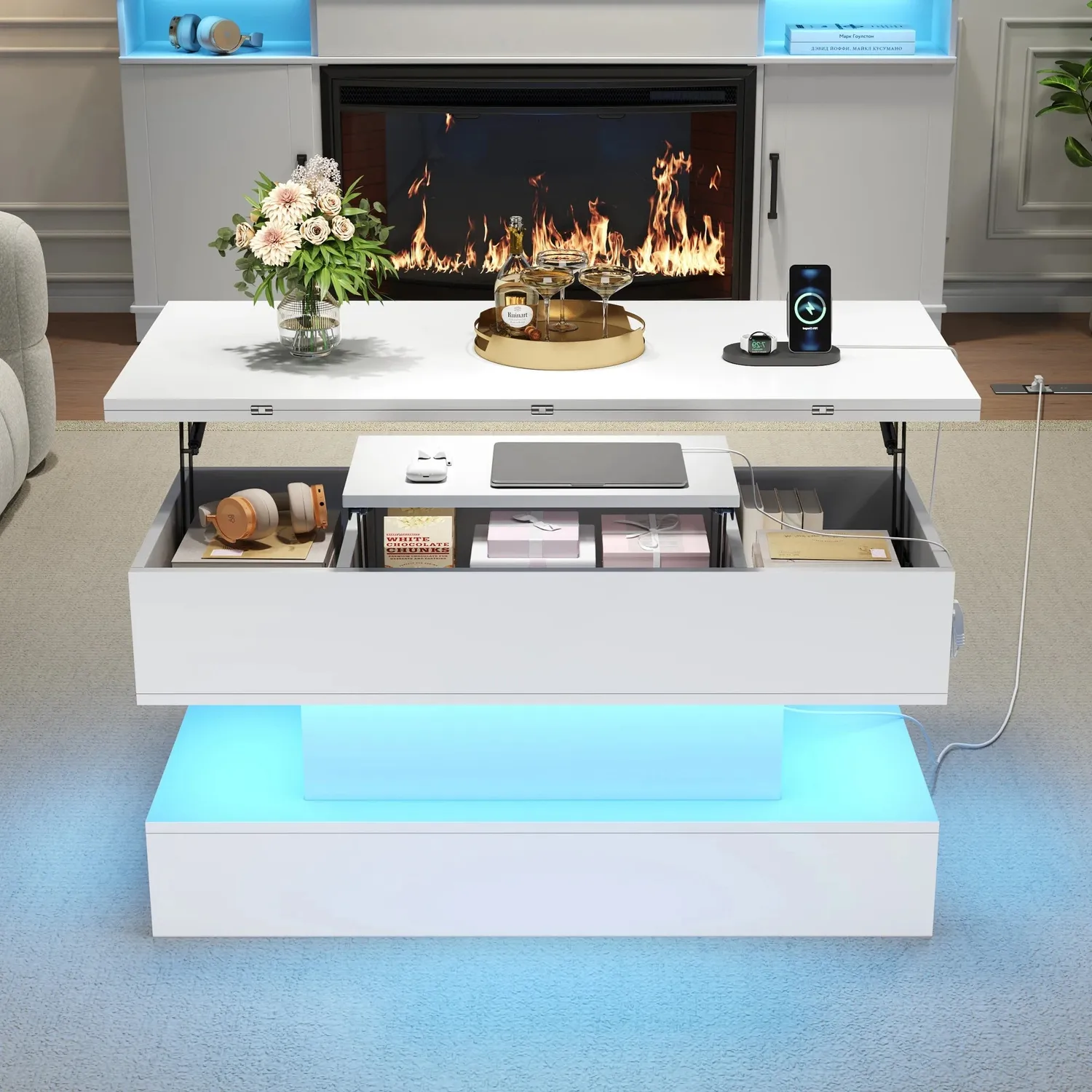 OutdoorMatch Salontafel wit 100 cm salontafel LED USB verstelbaar